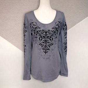 Vocal Rhinestone Embellished Women's Long Sleeve Scoop-neck Ribbed Top, Medium